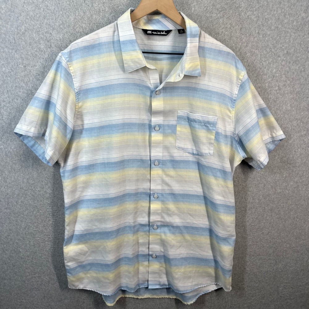 TravisMathew Mens XL Short Sleeve Button Shirt Blue Yellow Striped Casual Golf